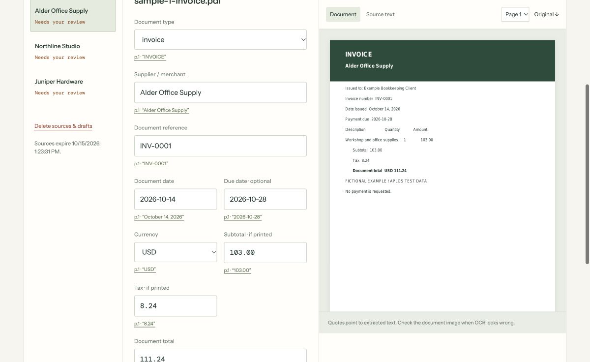 Document Desk showing a fictional invoice, editable extracted fields, source quotes and the original document side by side
